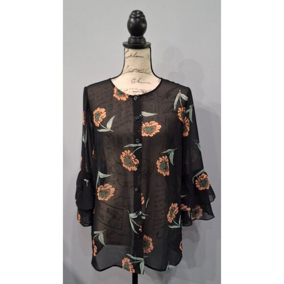 EUC Cabi La Di Da Black Sheer Floral Ruffle-Sleeve Button-Up Blouse/XS - Picture 1 of 7